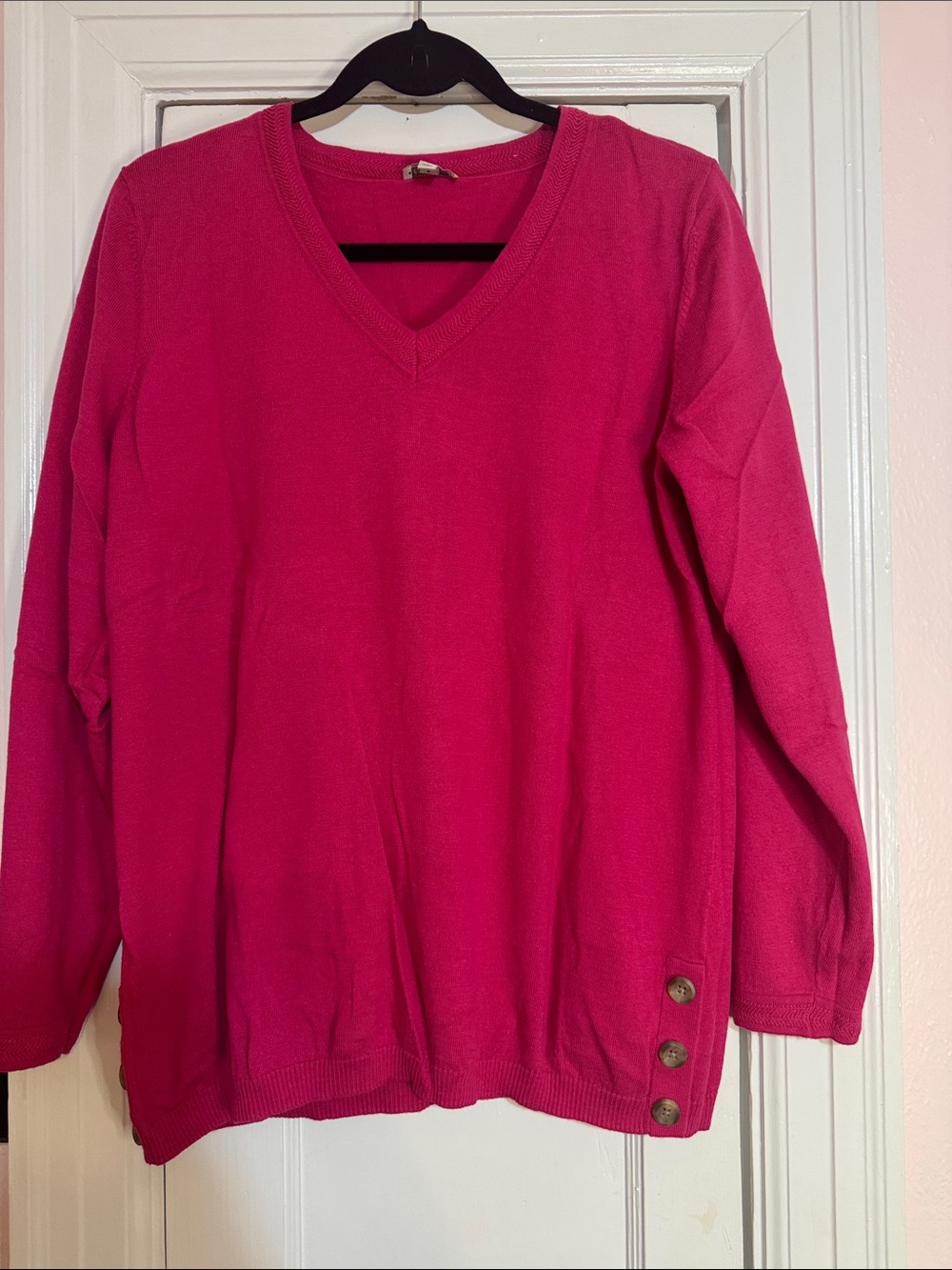 Talbots Fuchsia V-Neck Sweater with Side Button Accents